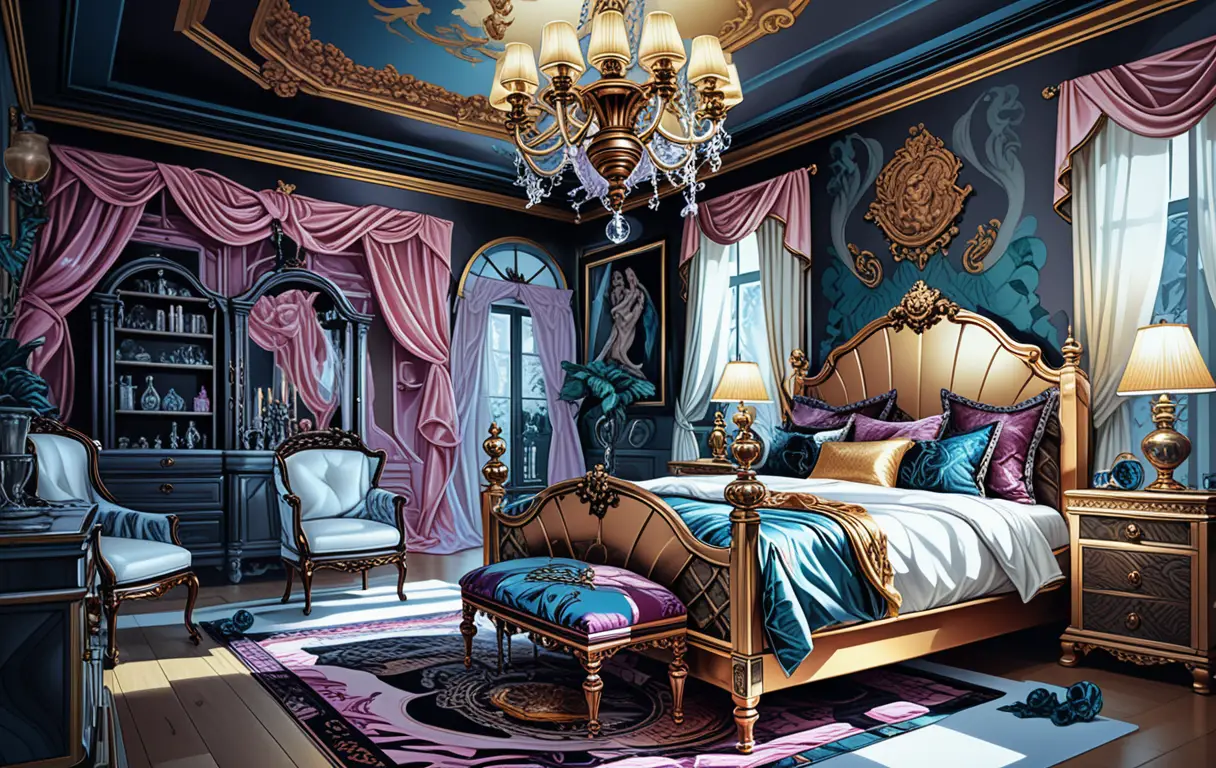 Dark maximalist bedroom with vanity and celestial decor