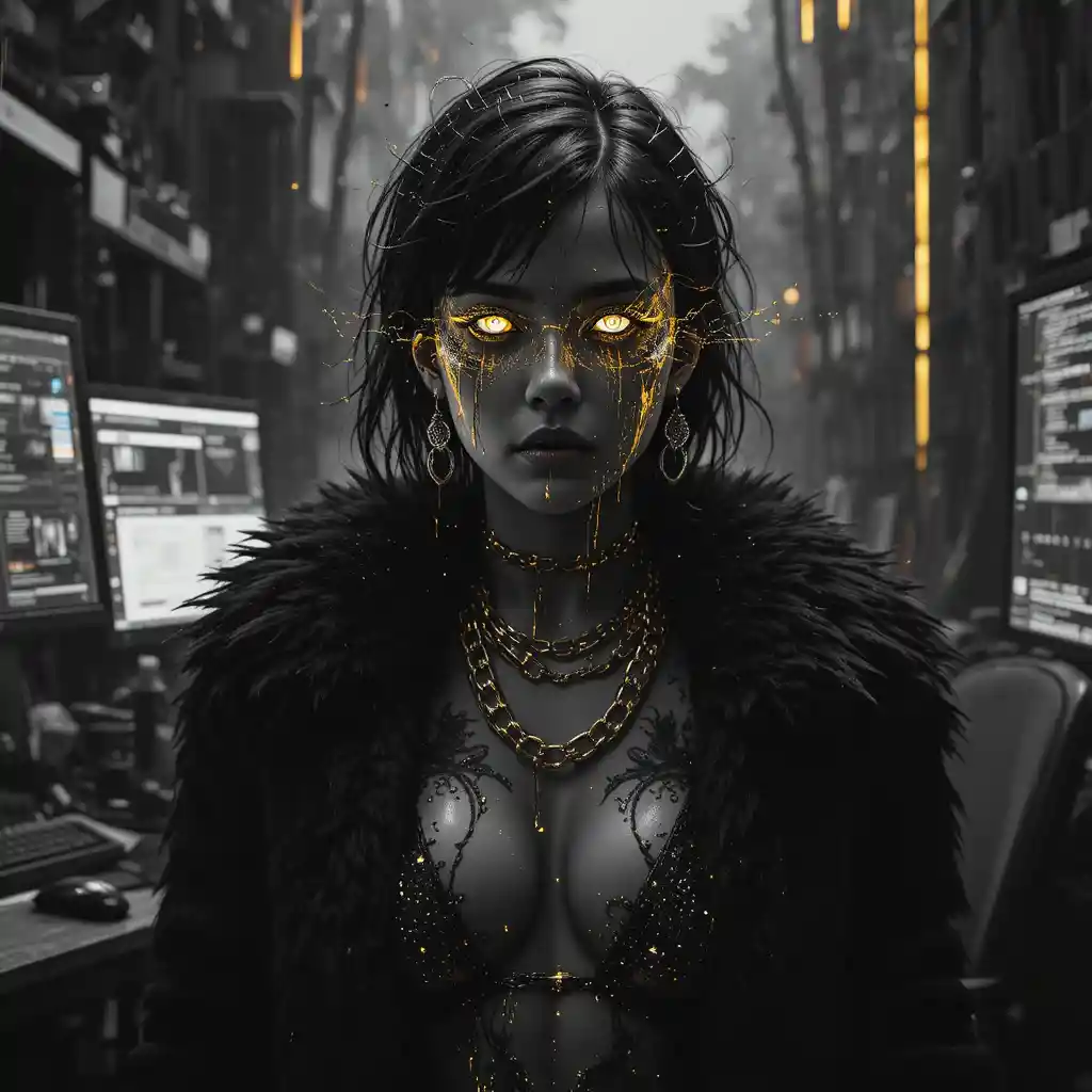 溶ける黄金のハイライトに包まれた女性のグリッチ・ノワールポートレート