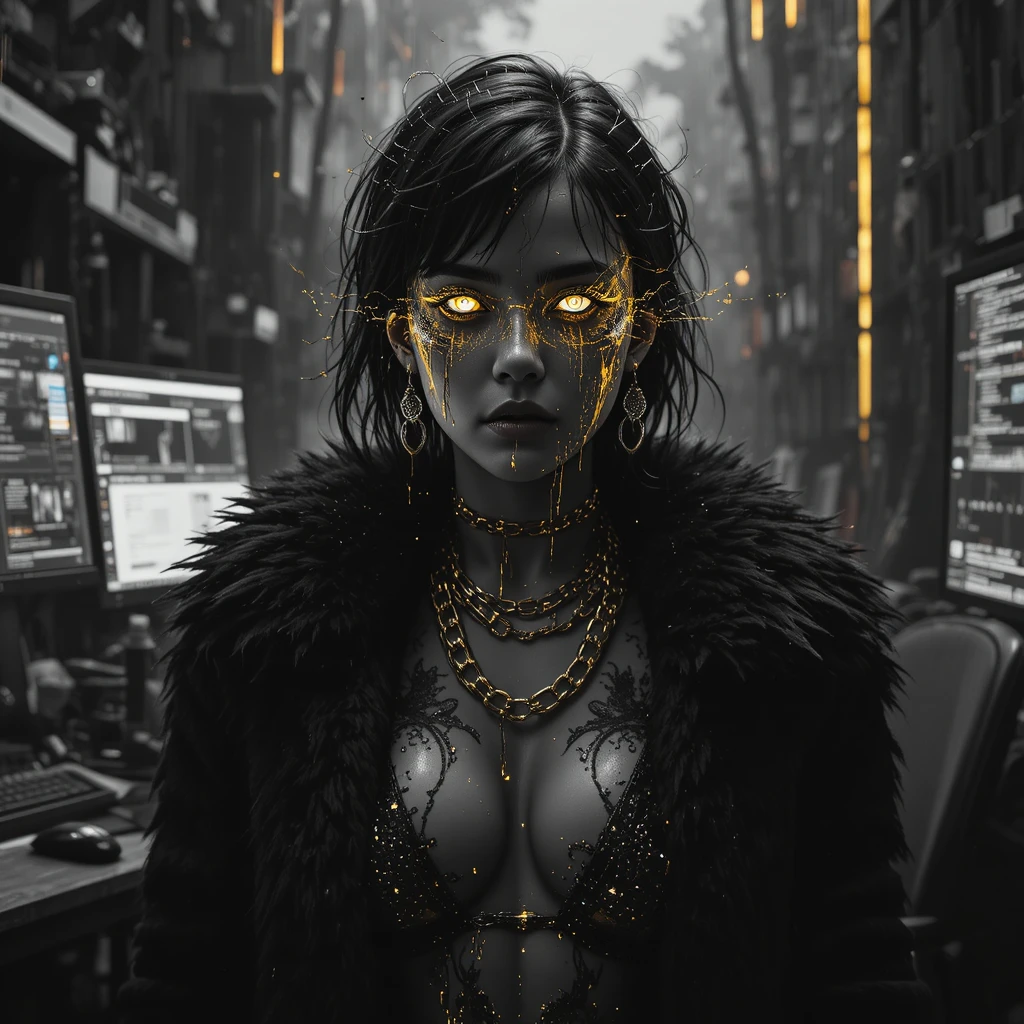 Glitch noir portrait of a woman in molten gold highlights