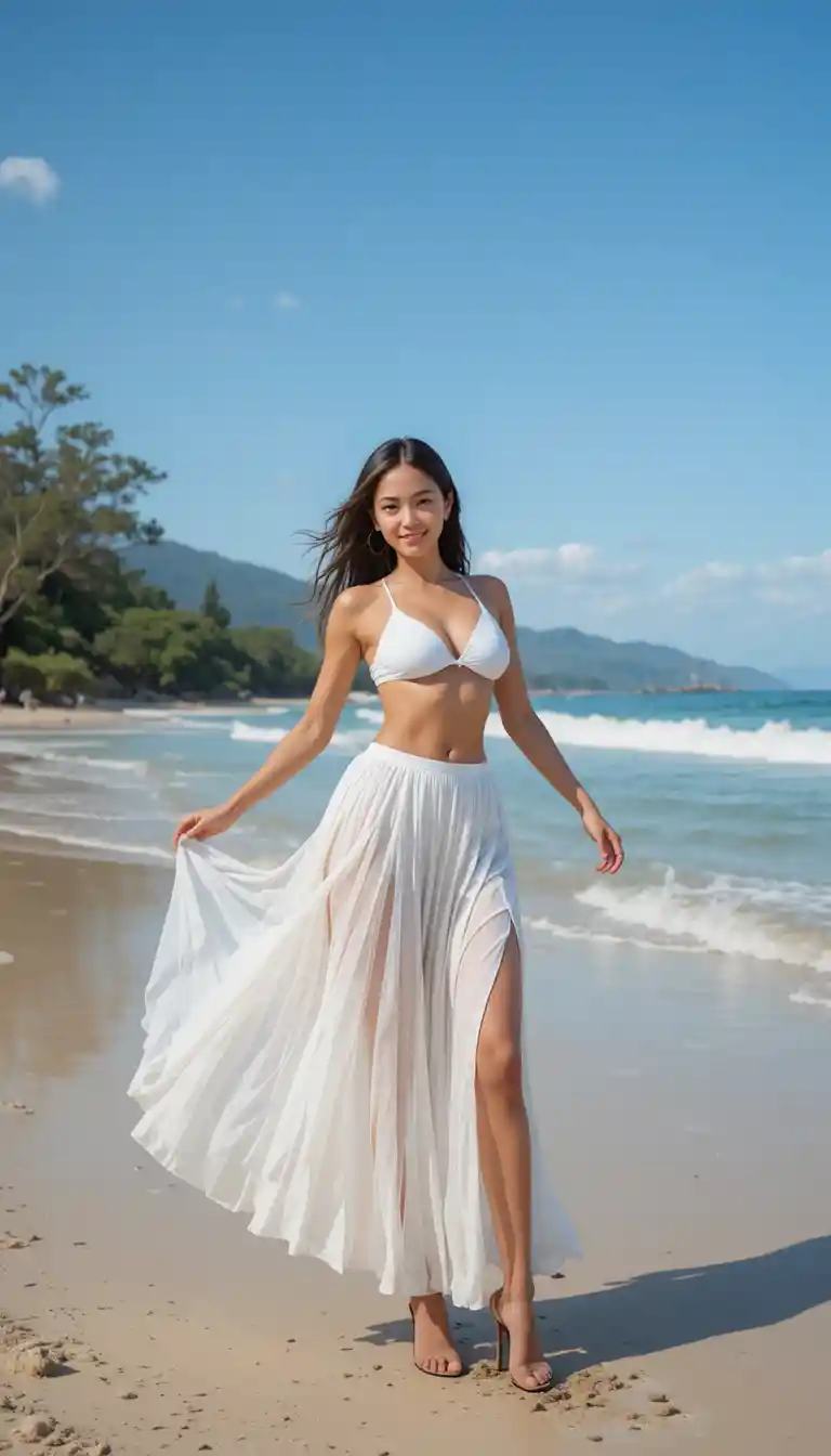 Smiling woman in white bikini on sunny beach shoreline