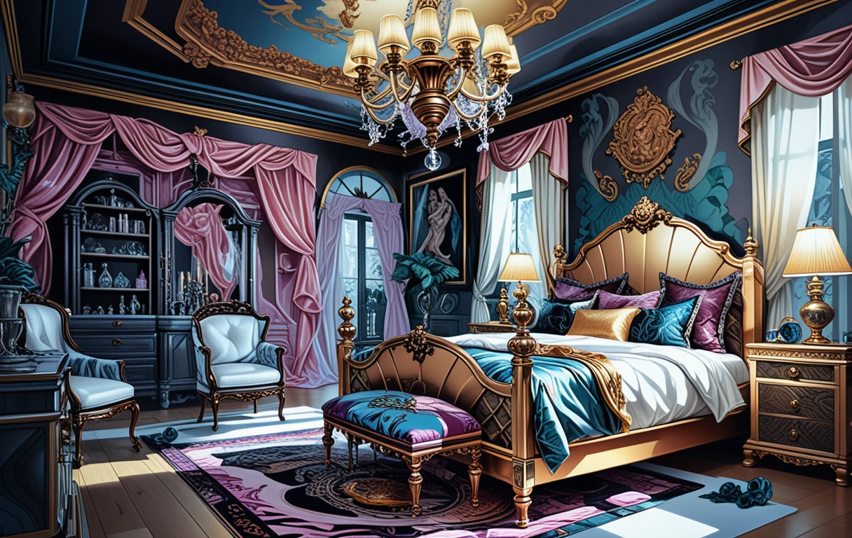 Camera da letto massimalista scura con vanity e decorazioni celestiali