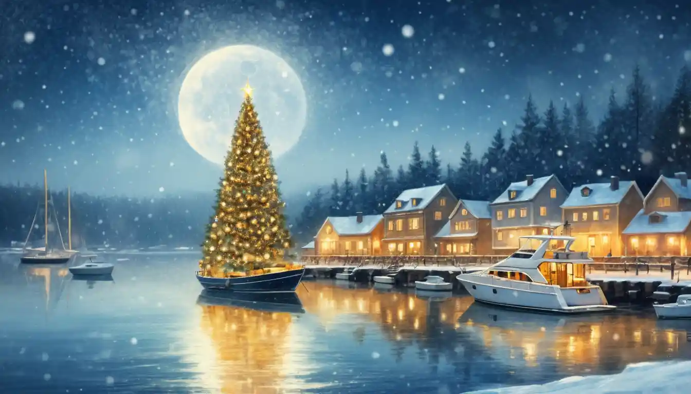 Stiller Winterhafen mit Yacht und leuchtendem Weihnachtsbaum