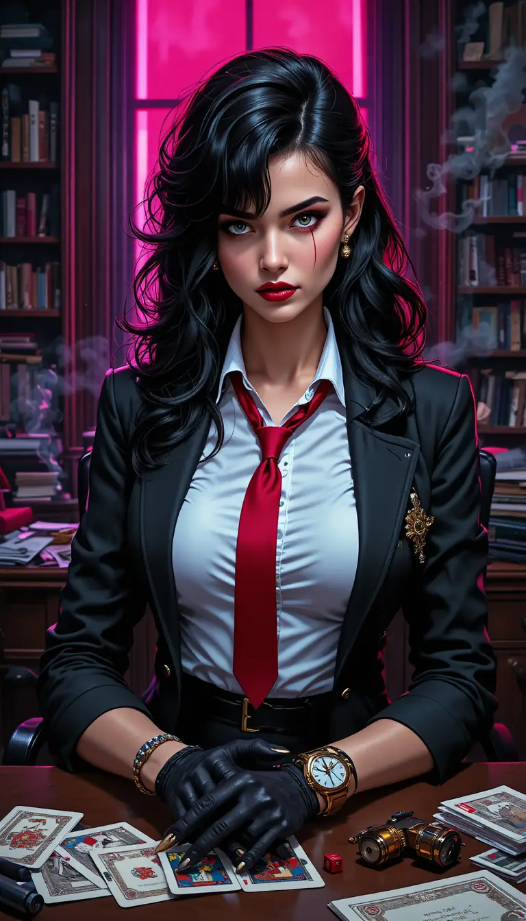 Heterochromatic detective girl in neon lit office