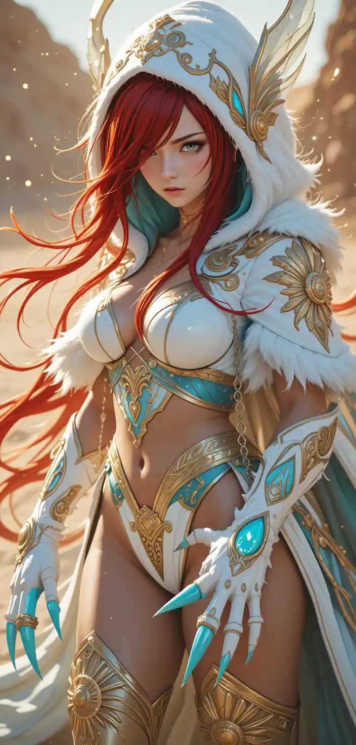 Anime warrior woman with runes and crimson hair