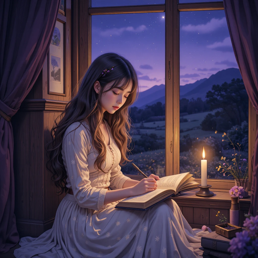 Girl Writing By Candlelight At A Violet Dusk Window