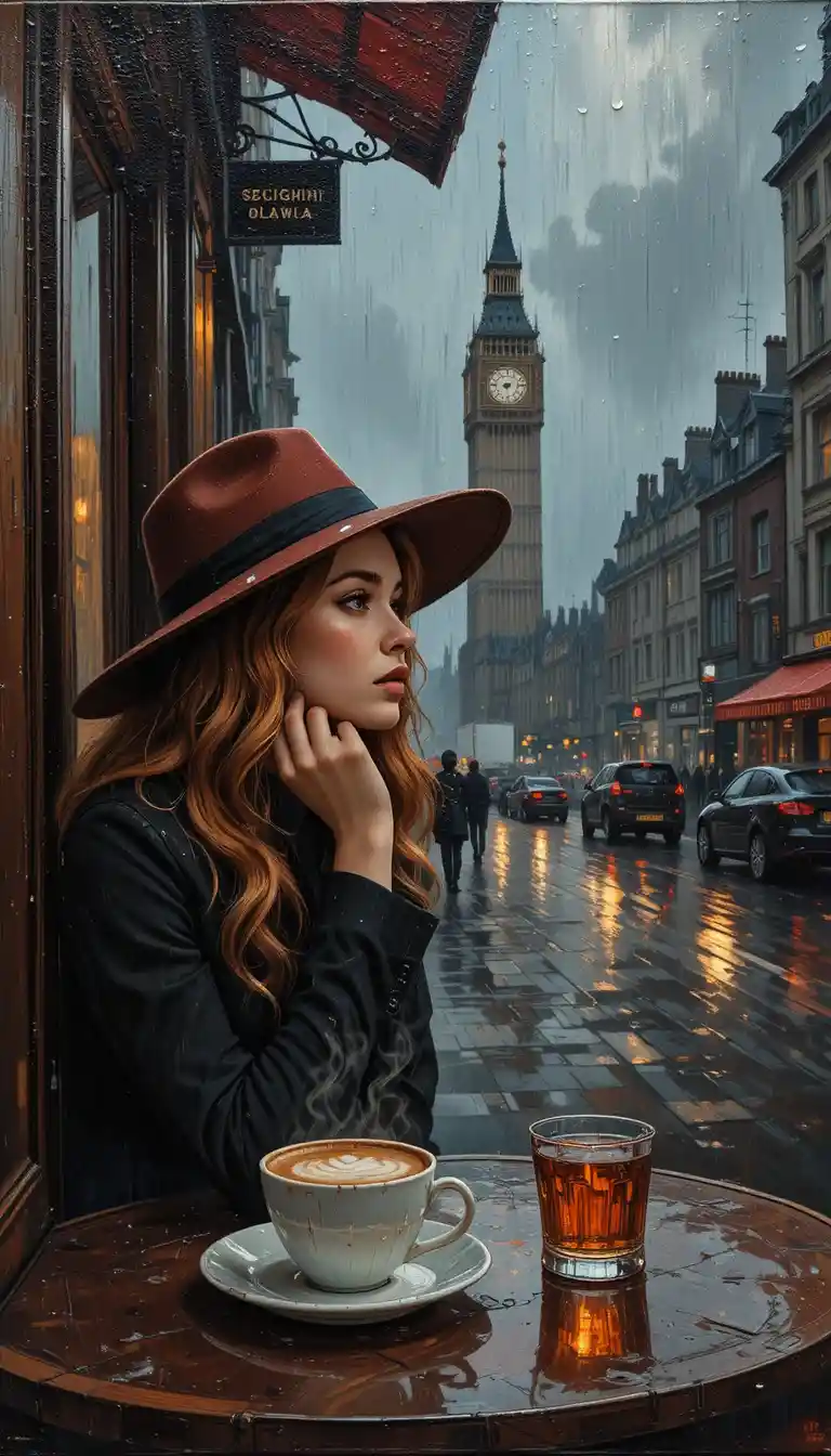 Woman at rainy london cafe in impasto painting