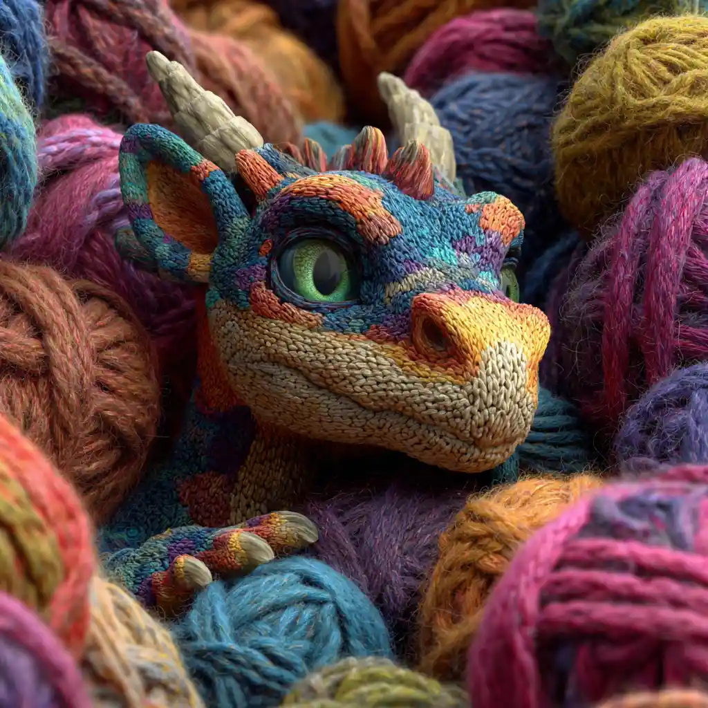 Cute yarn dragon resting in a pile of colorful yarn