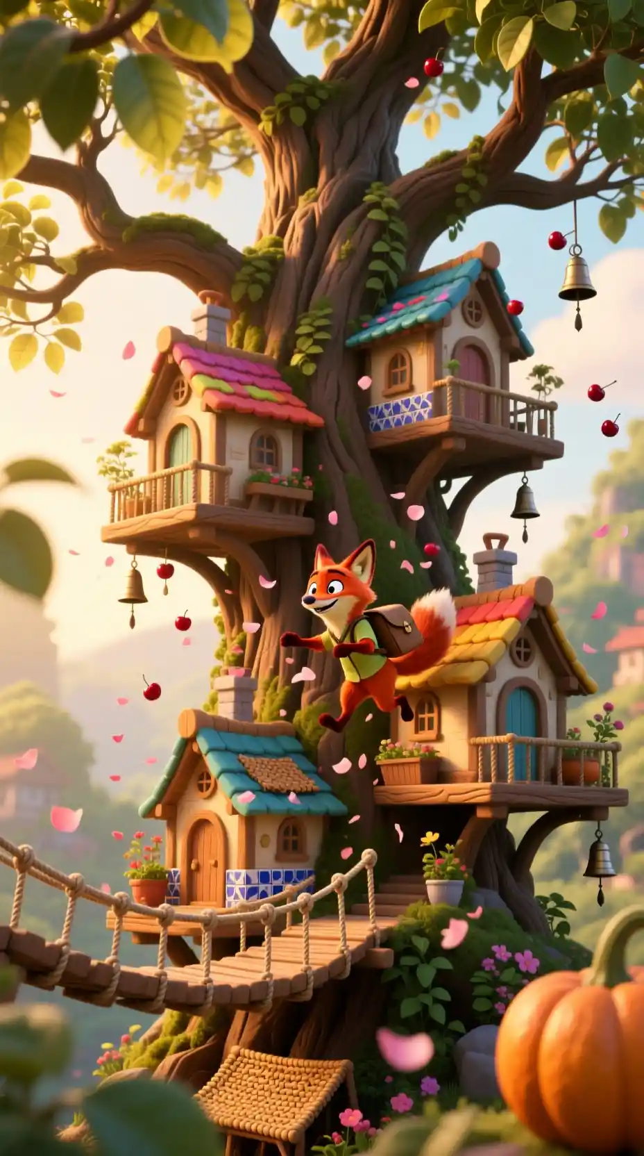 Fox courier in a magical bonsai tree village