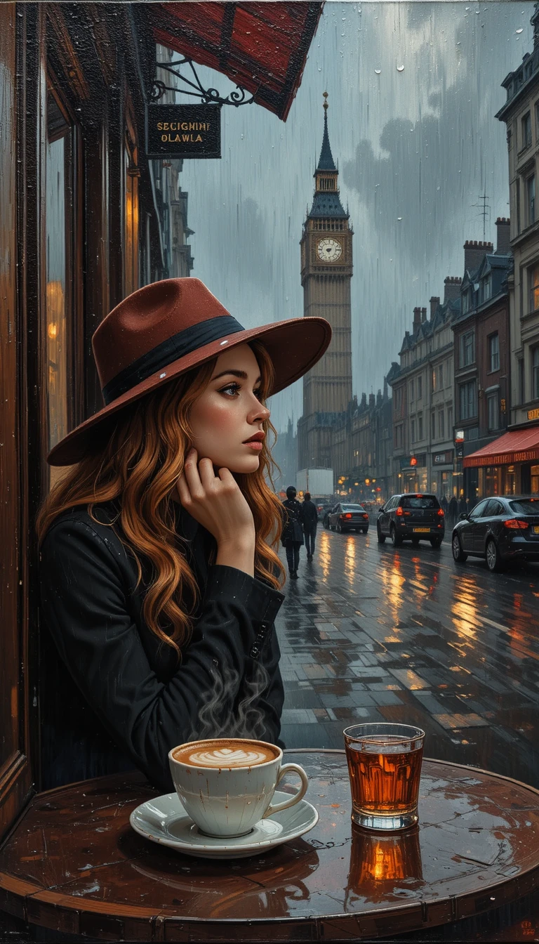 Donna in un caffè piovoso di Londra in pittura a impasto