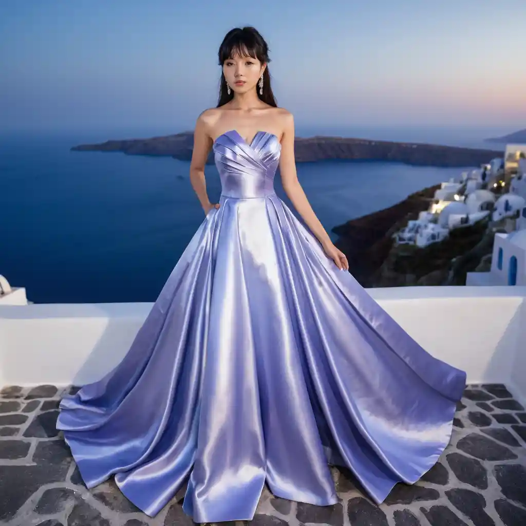 Elegant woman in lavender satin gown at night in Santorini