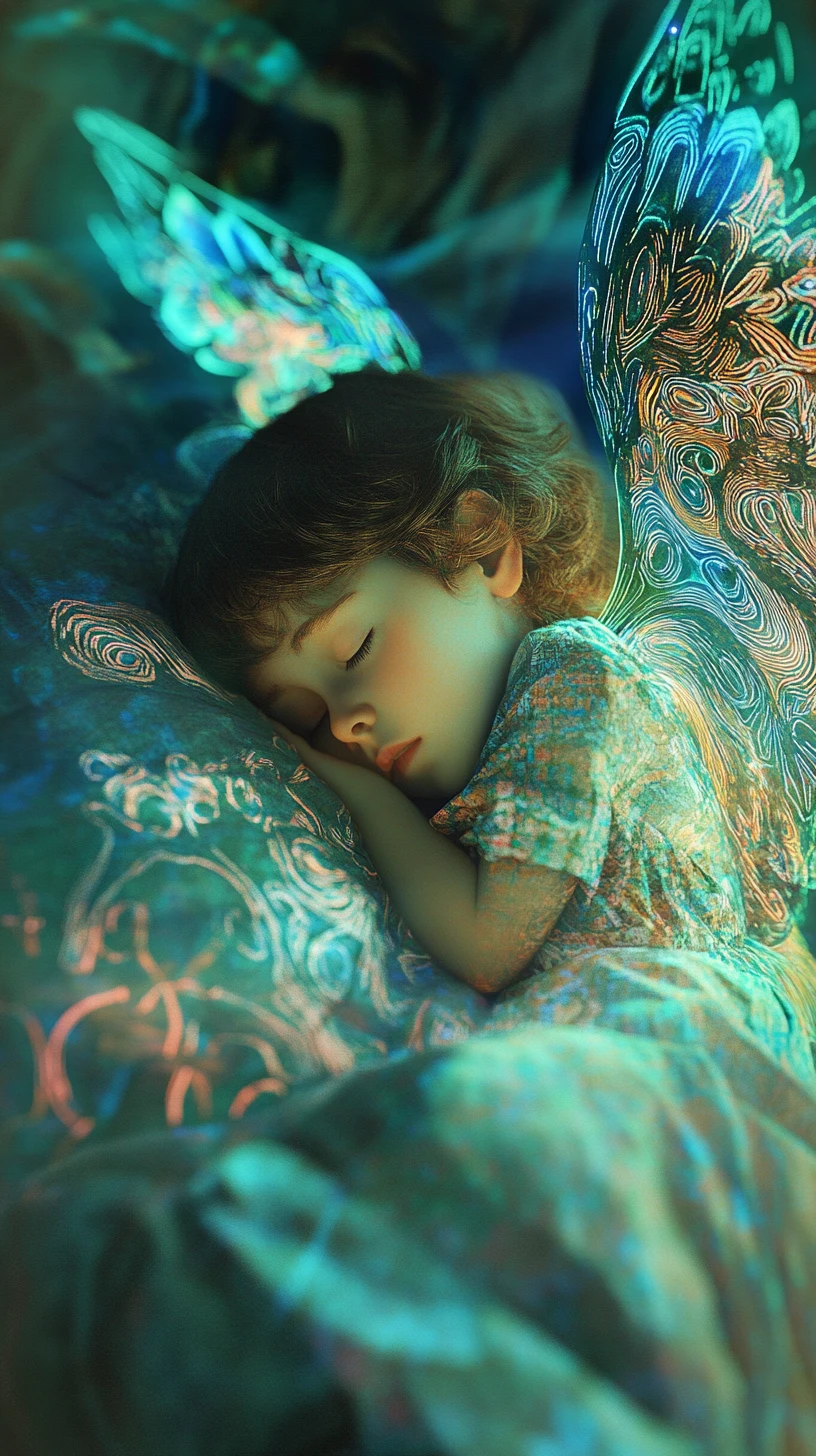 Angelo custode che veglia su un bambino che dorme serenamente