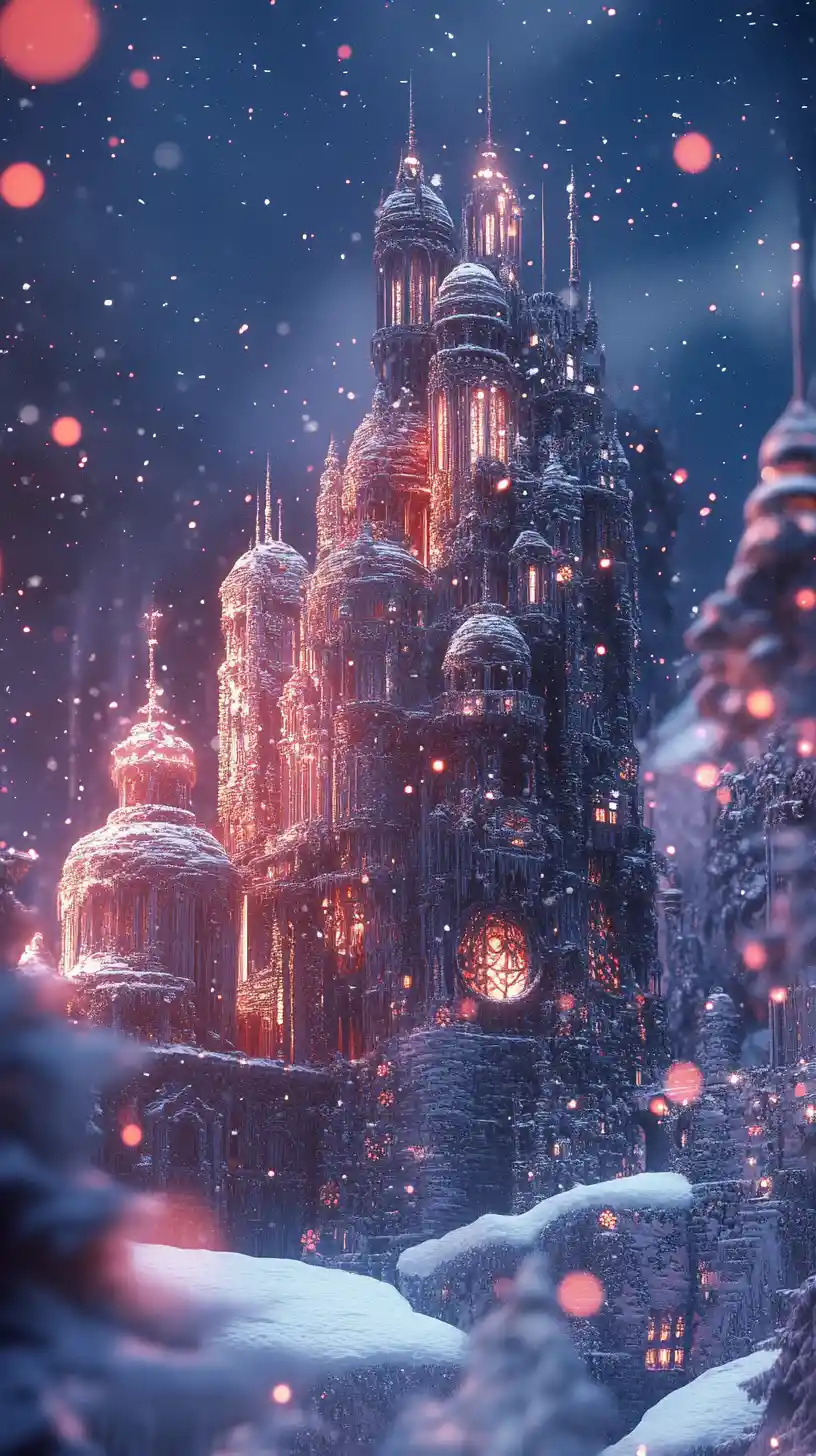 Snowy Japanese fantasy palace with waterfalls and trees