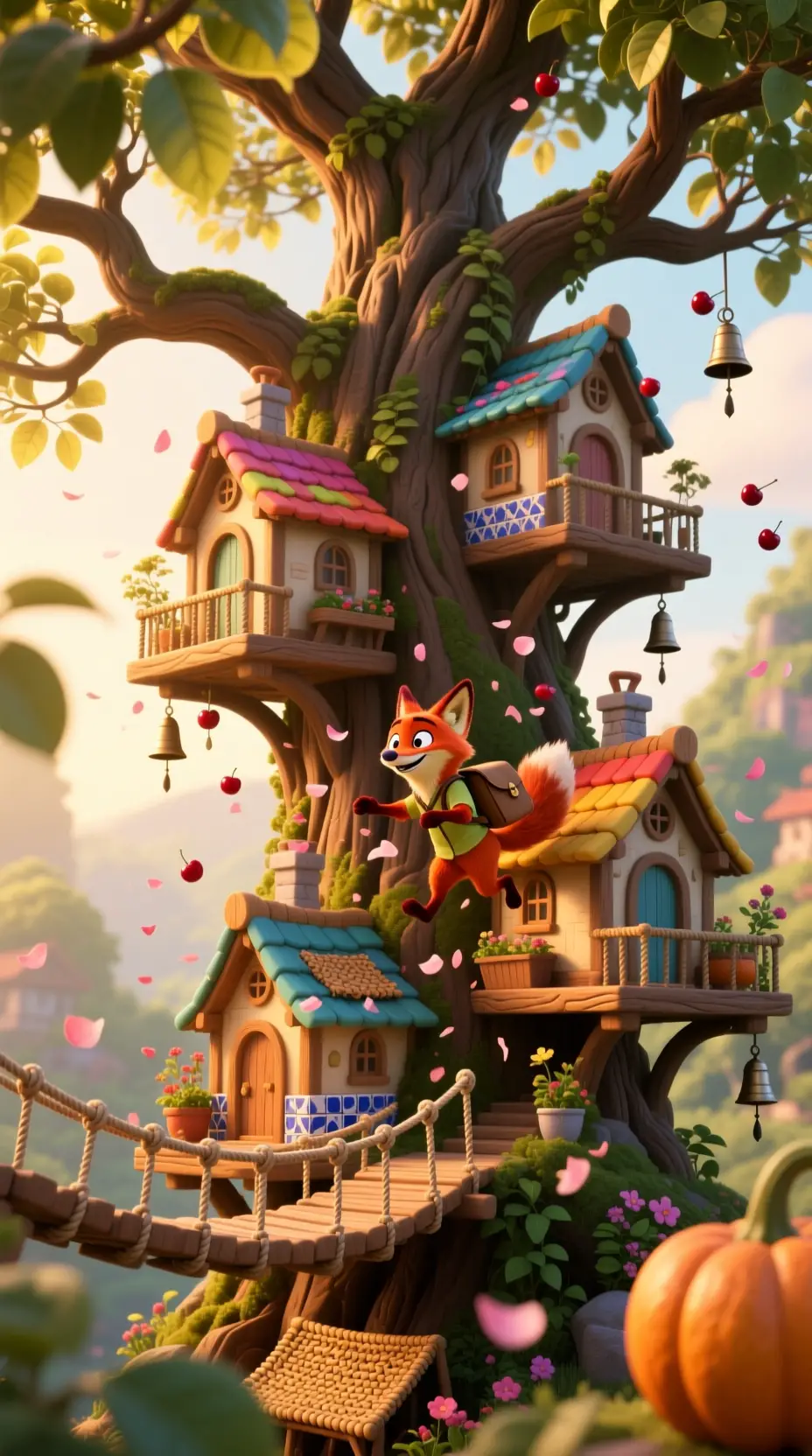 Fox courier in a magical bonsai tree village