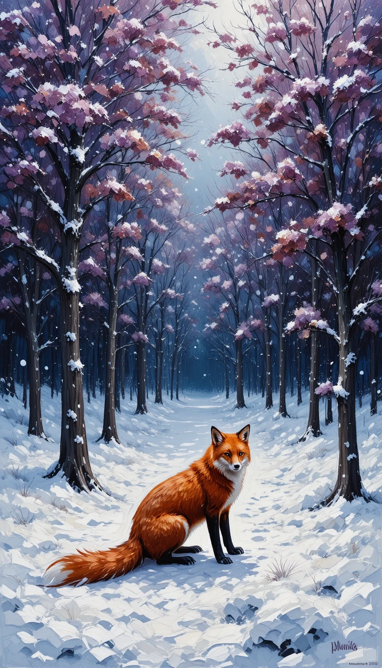 Roter Fuchs im verschneiten Wald mit kräftigen Impasto-Pinselstrichen