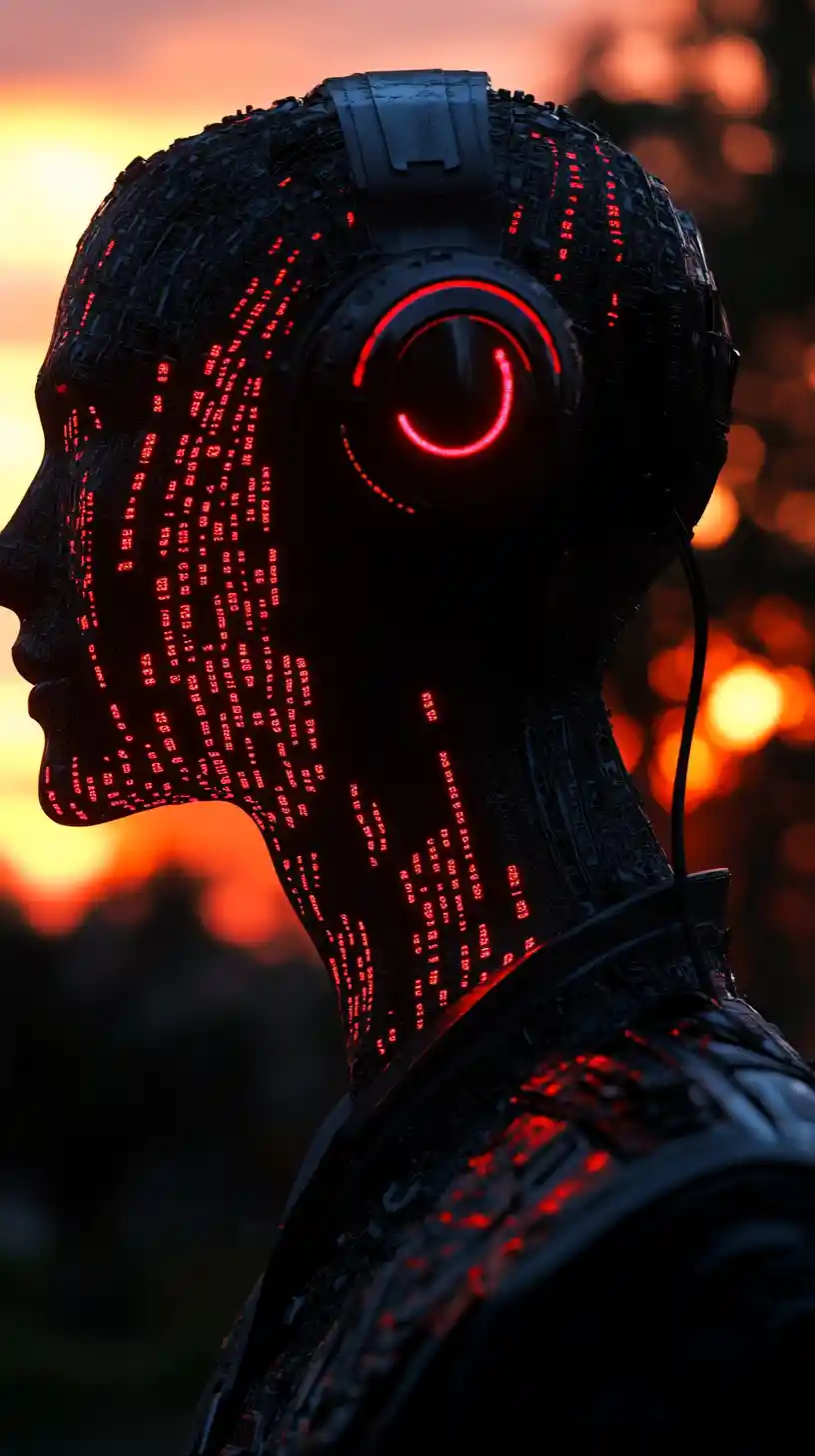 Profil d’androïde futuriste avec code rouge au coucher du soleil