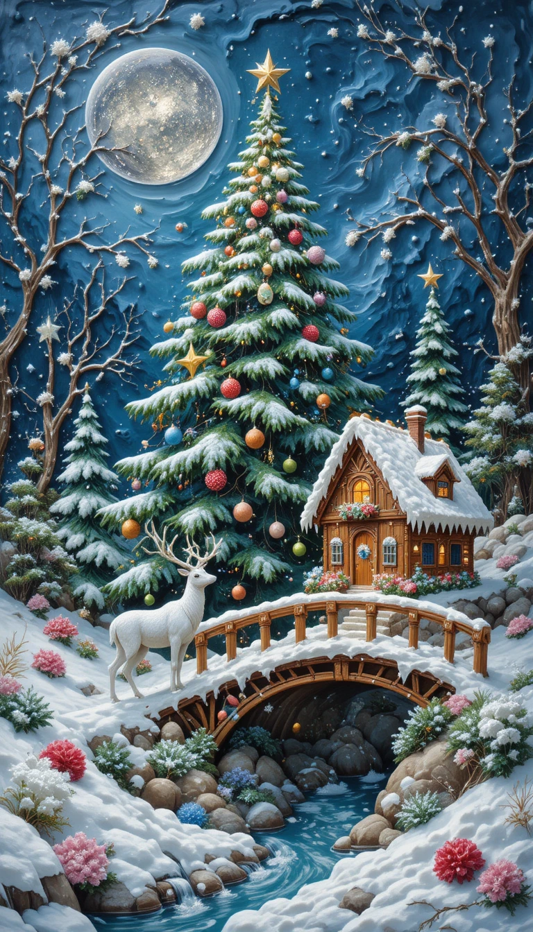 Glänzendes 3D-Weihnachts-Lebkuchenhaus im verschneiten Dorf