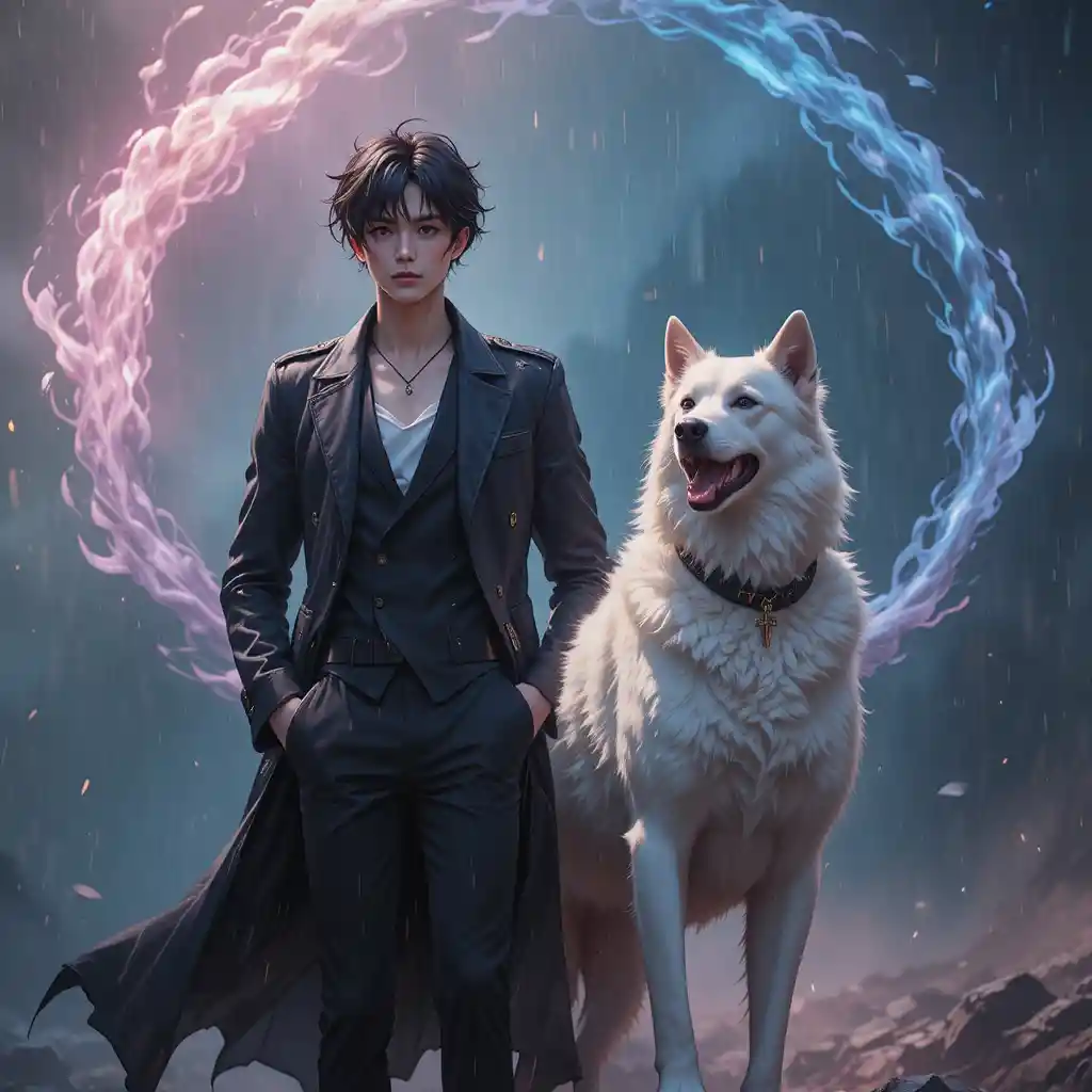 Homme en manteau noir avec chien blanc sous une pluie magique