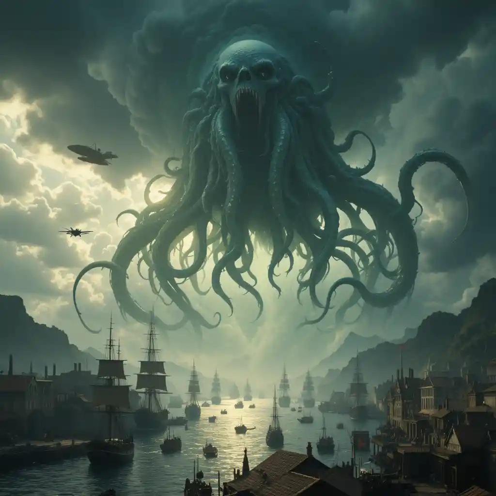 Monstro colossal com tentáculos pairando sobre um tranquilo porto costeiro