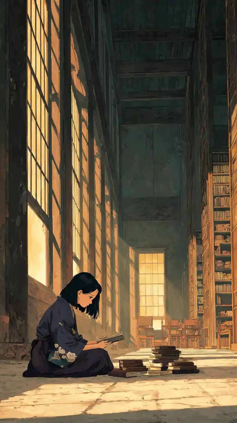 古代図書館の床で本を読むアニメ少女