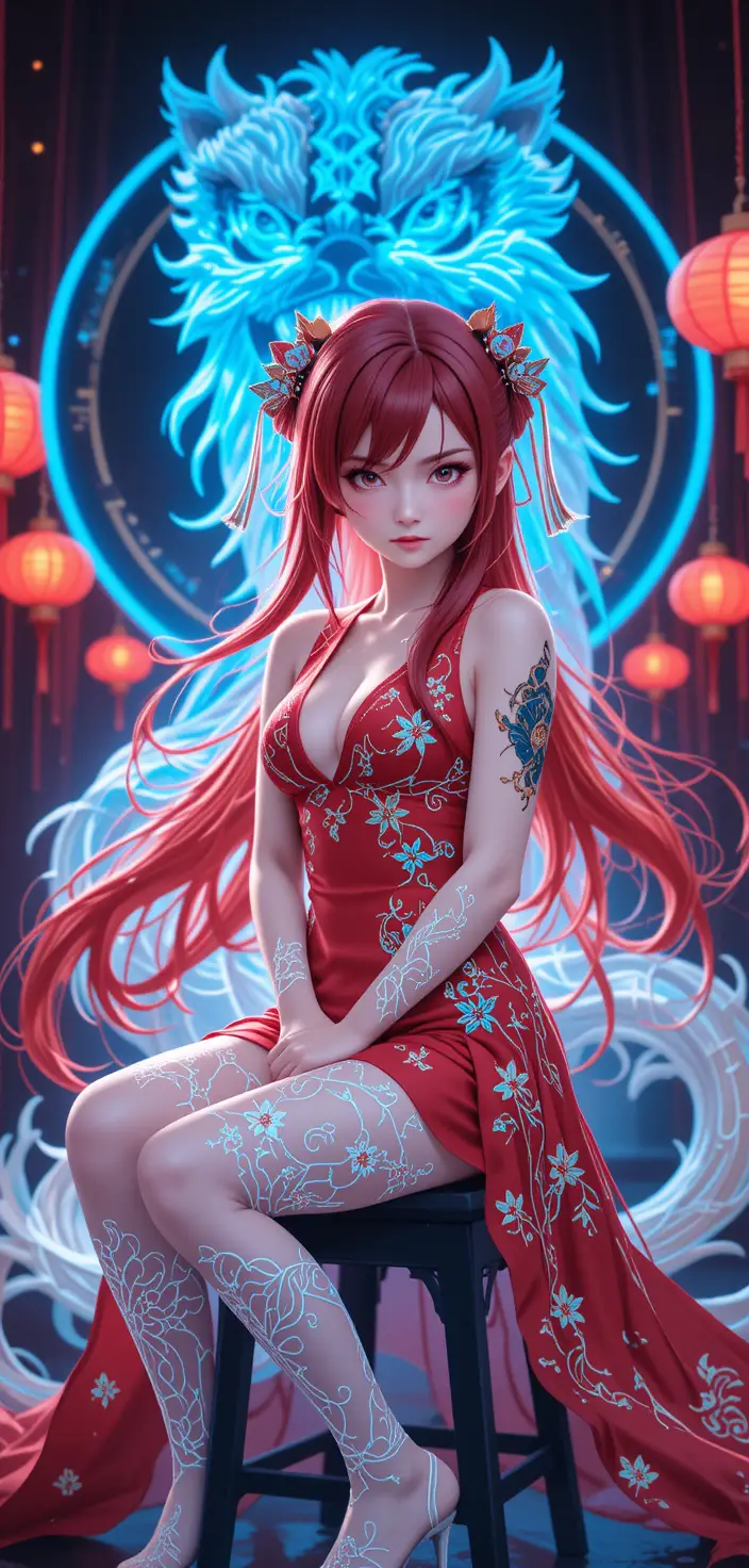 Anime warrior woman with katana and glowing filigree patterns