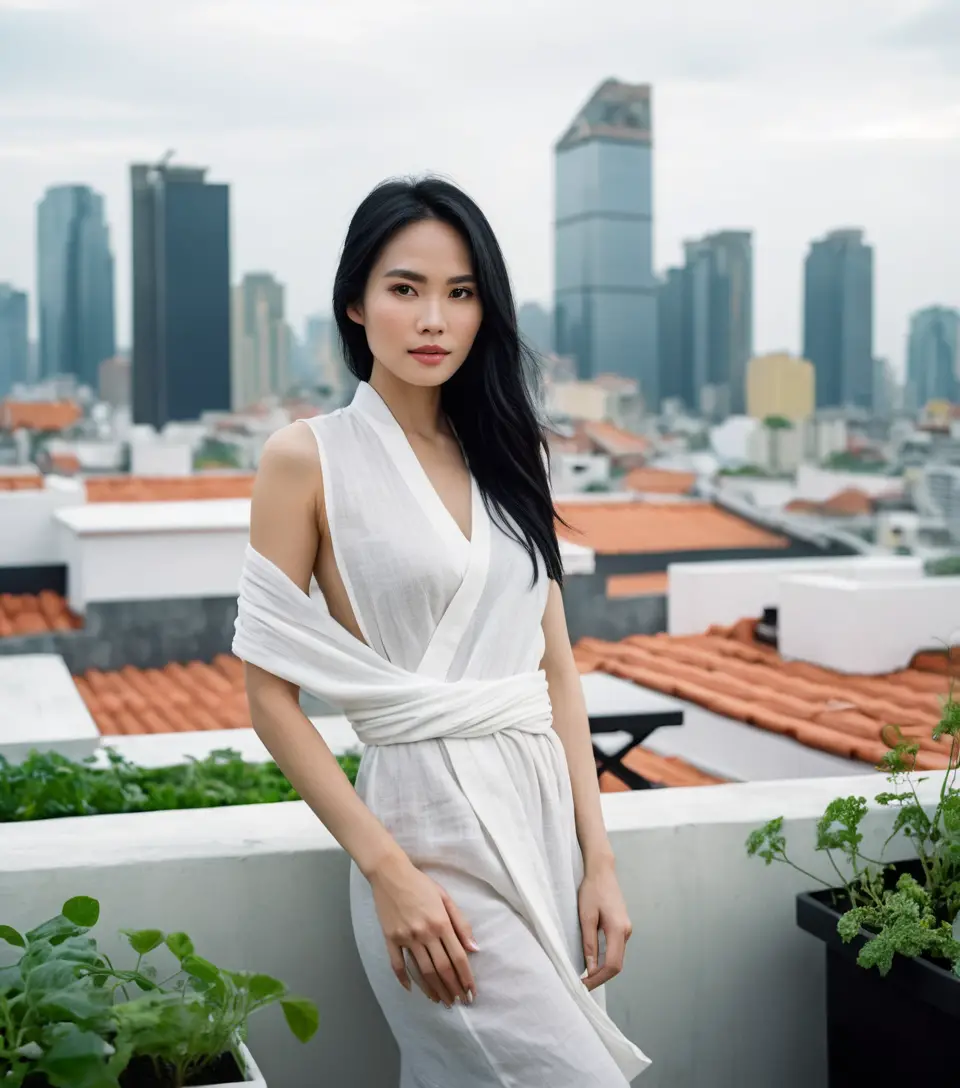 Vietnamese woman on rooftop garden in soft white linen