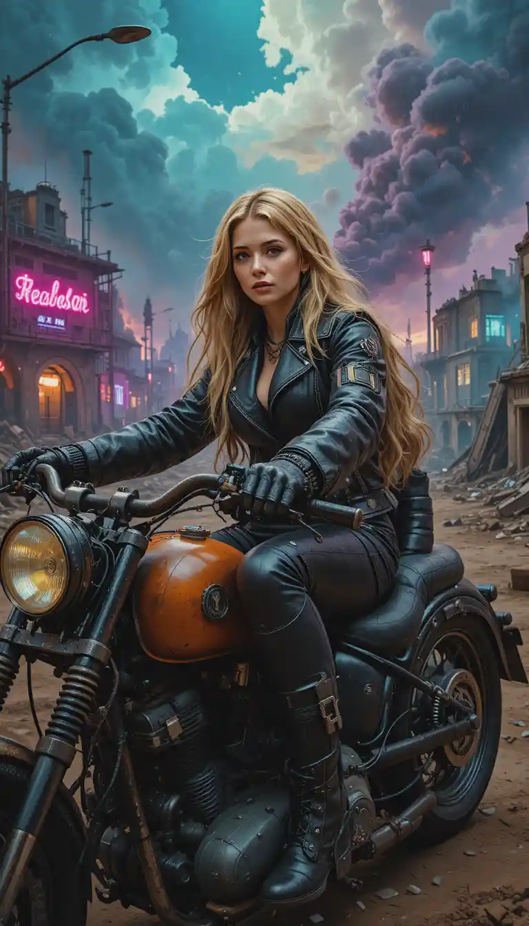 Harte große Schwester auf Dieselpunk-Bike in zerstörter Stadt