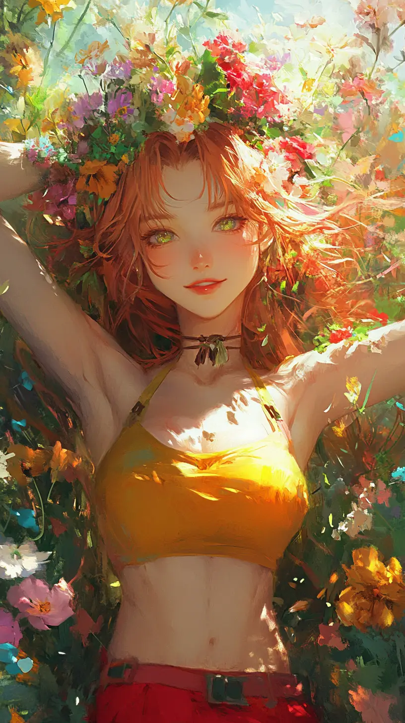 Anime girl balancing colorful flowers on her head