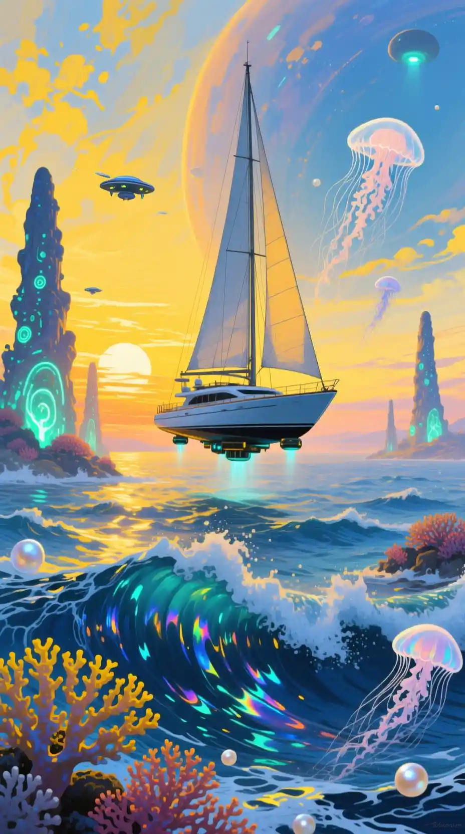 Hovering yacht at sunset on a luminous alien ocean