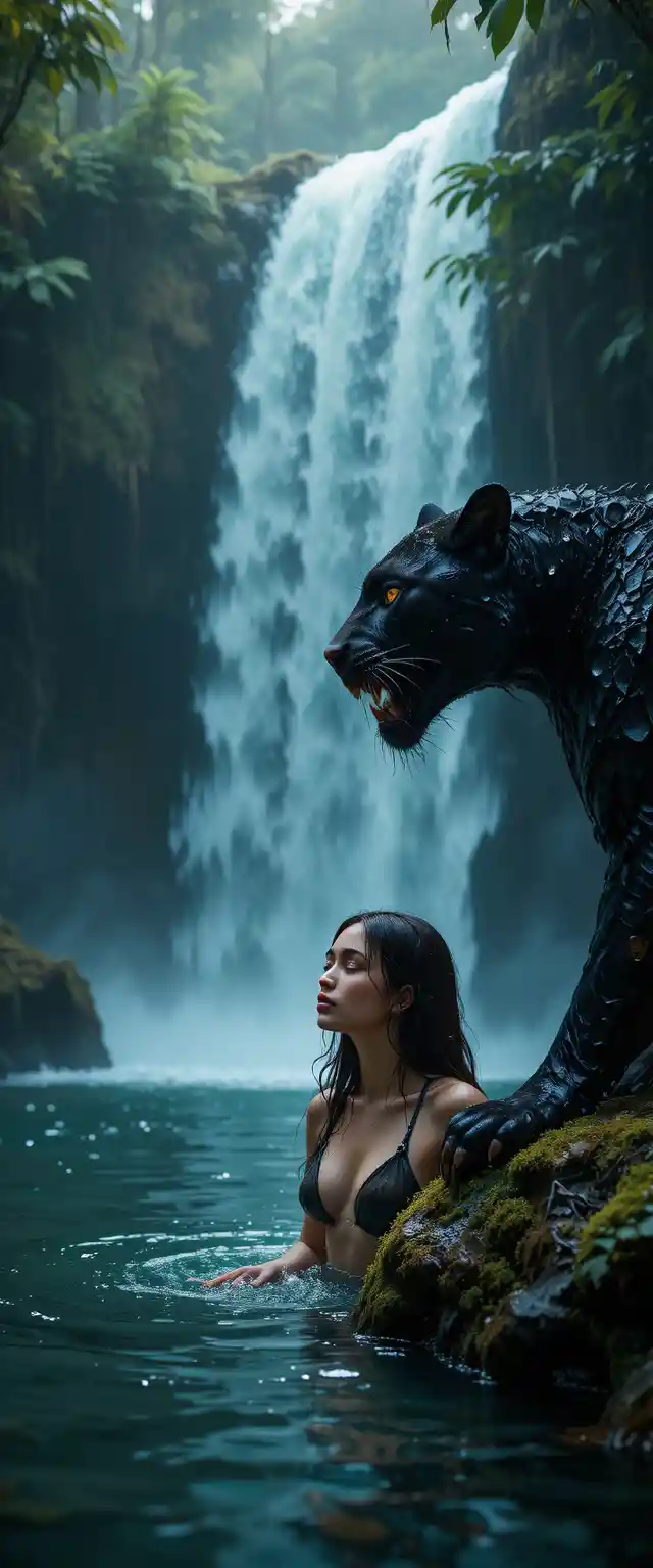 Woman rising from jungle pool beneath a powerful waterfall