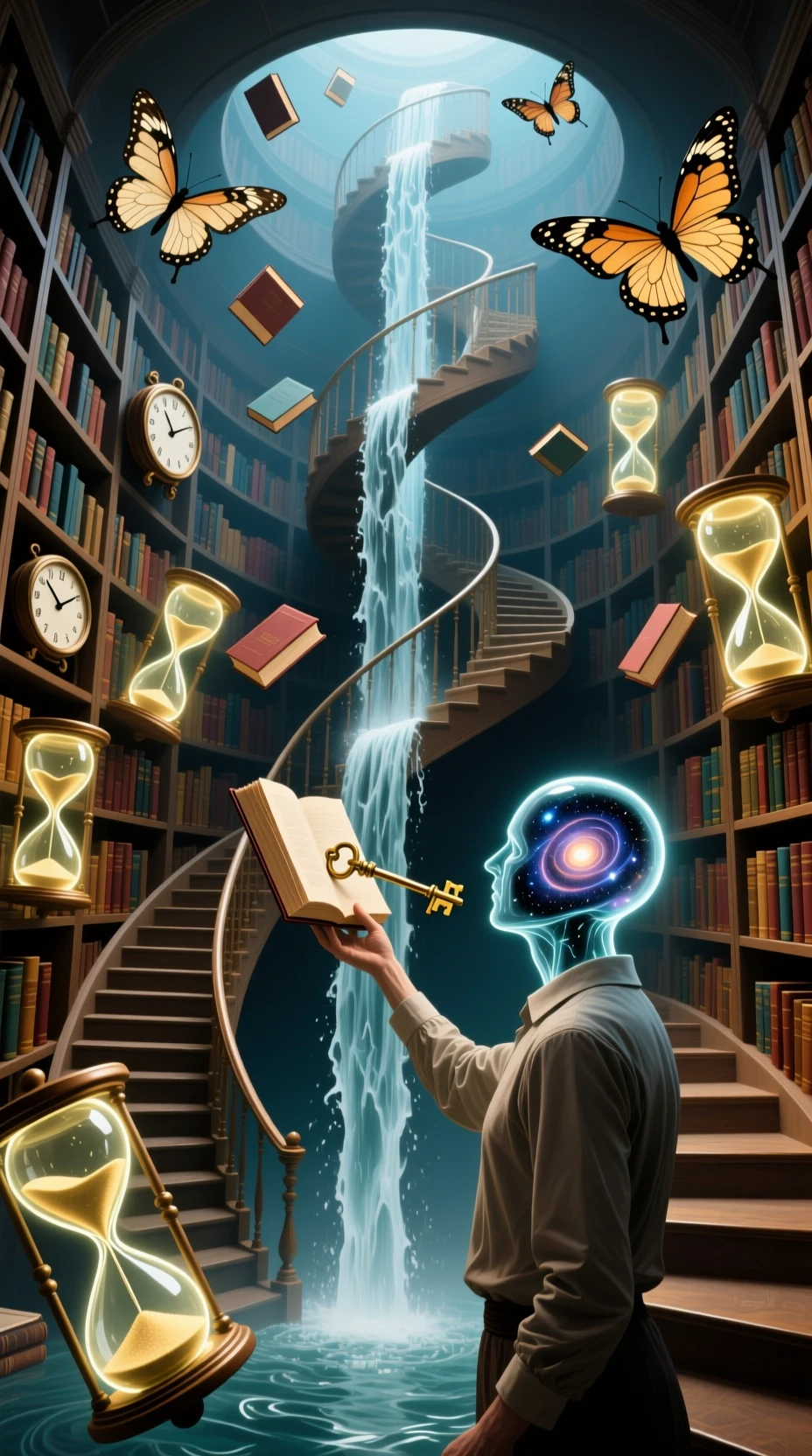 Surreal infinite library with spiraling staircases and hourglasses