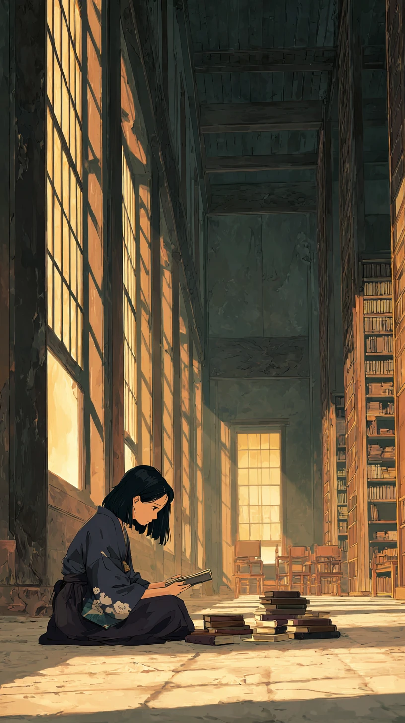 Anime girl reading on the floor of an ancient library