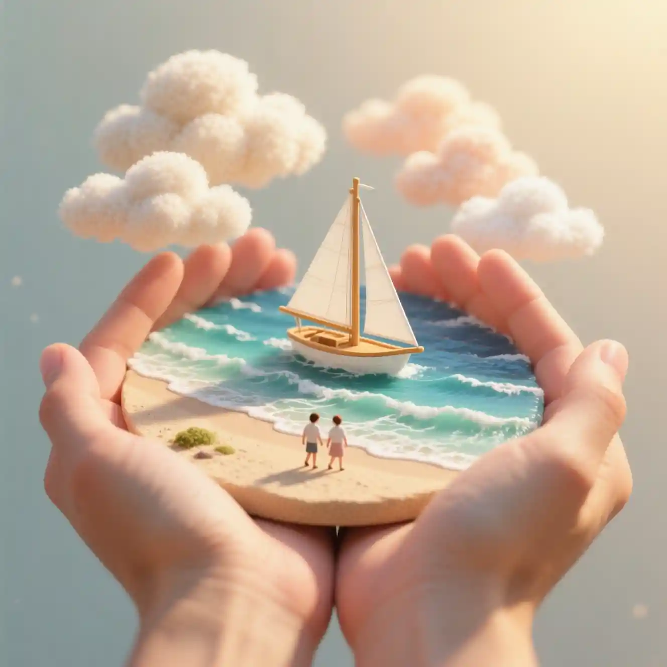 Miniature beach world cradled gently in human hands