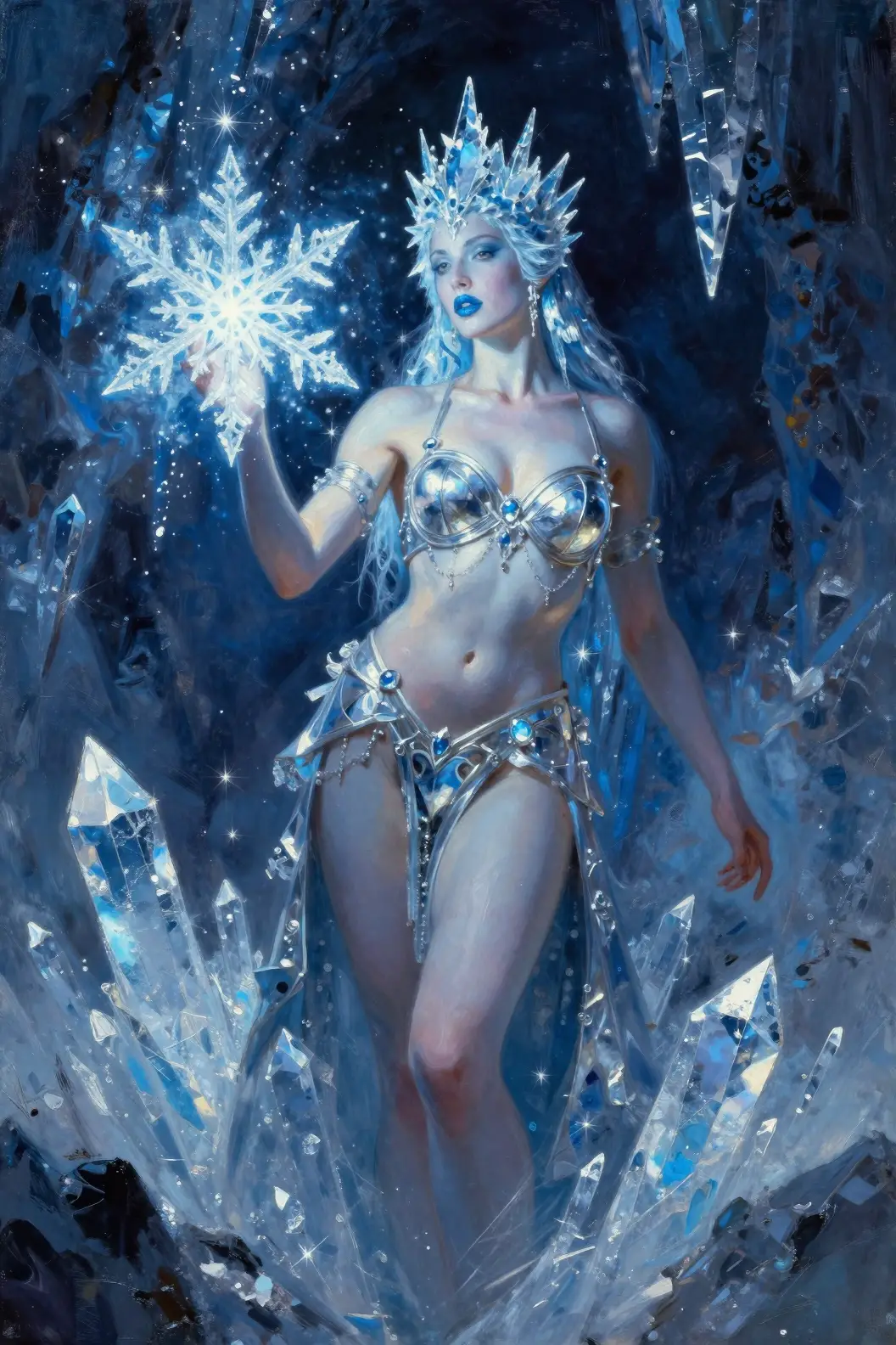 Ice queen sorceress casting magic in a frozen cavern