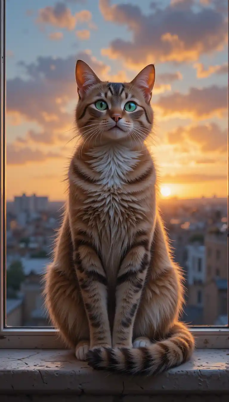 Cat on a windowsill watching a glowing sunset sky