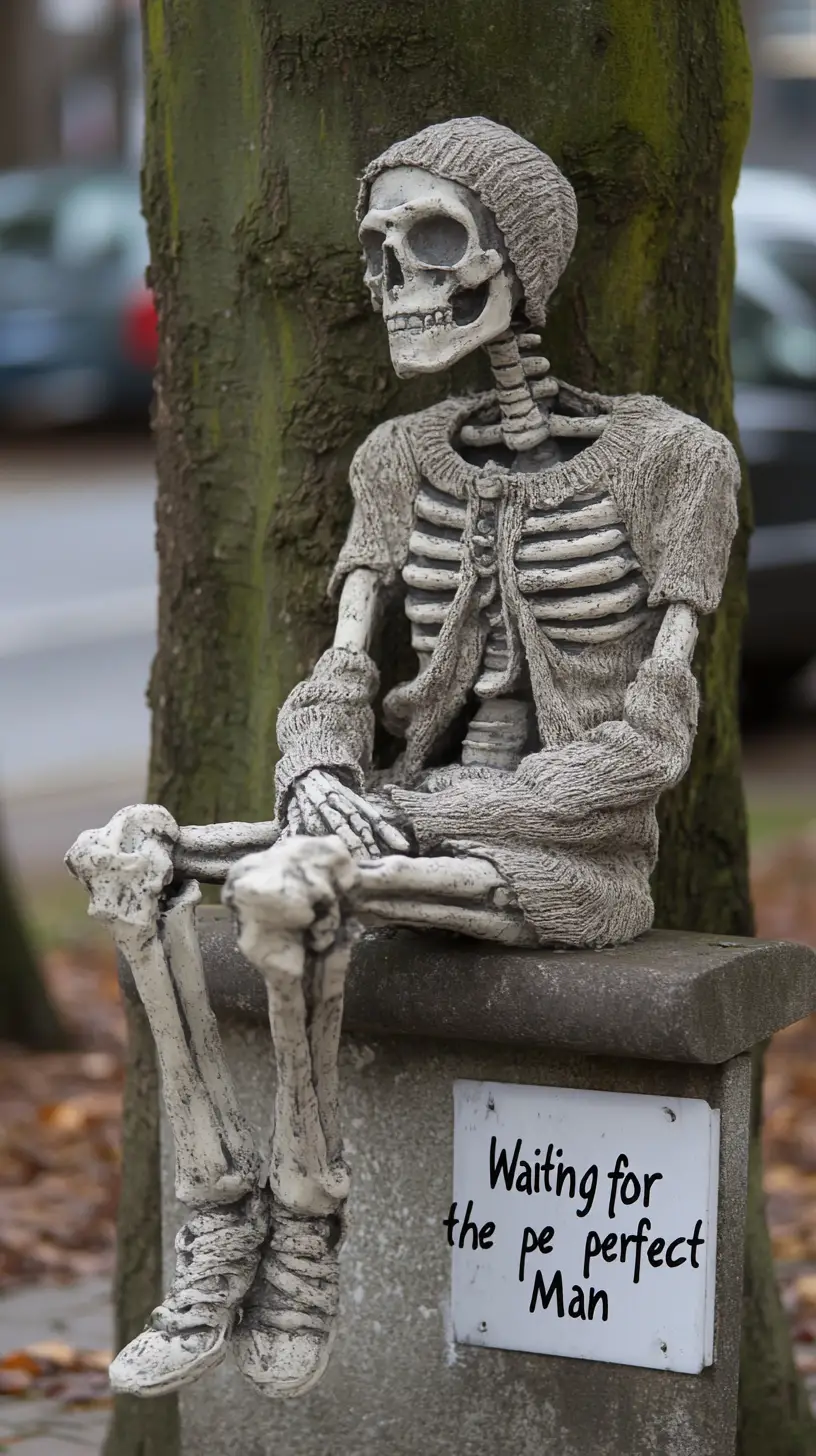 Skeleton Woman Knitting On An Old Park Bench Waiting