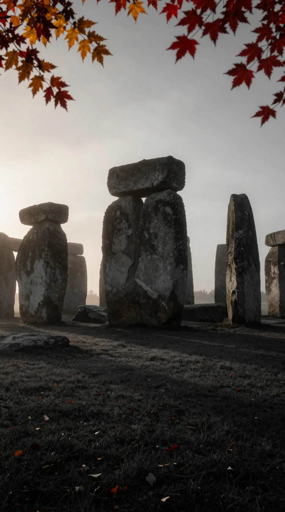 Surreal Stonehenge at sunrise in misty autumn landscape