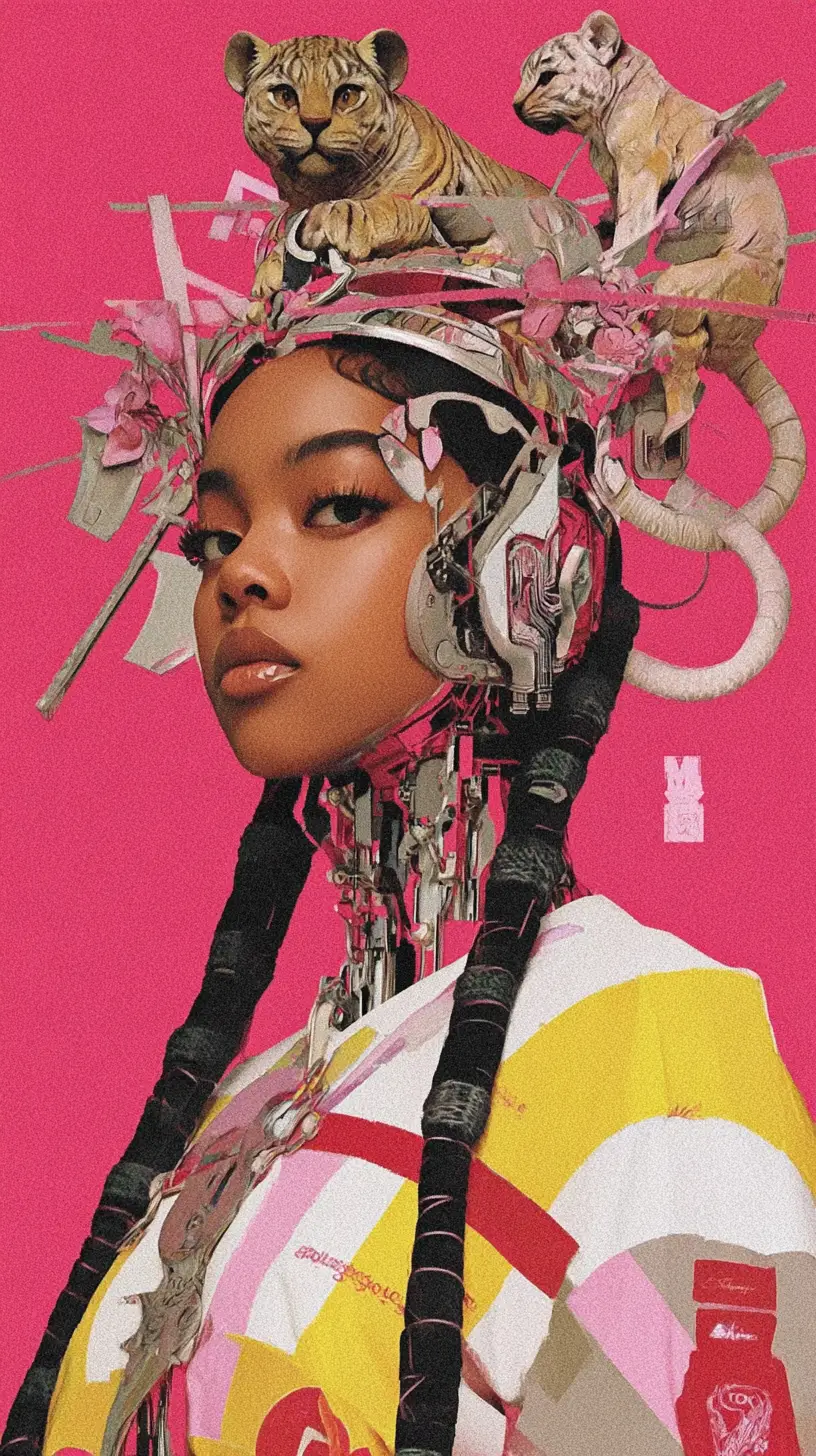 Donna cyborg afrofuturista in sontuosa couture in primo piano