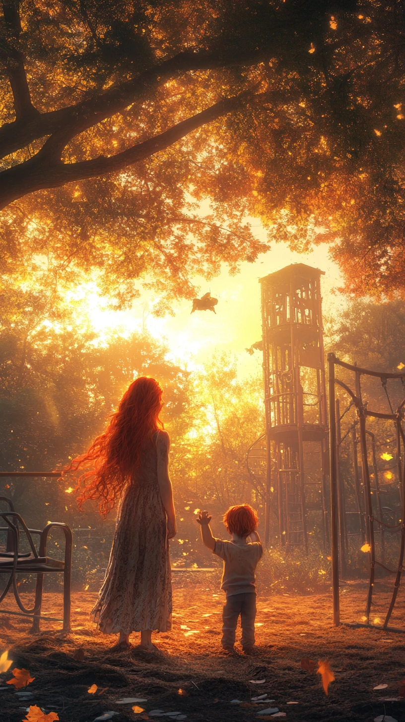 夕陽遊樂場裡舉手的紅髮女孩