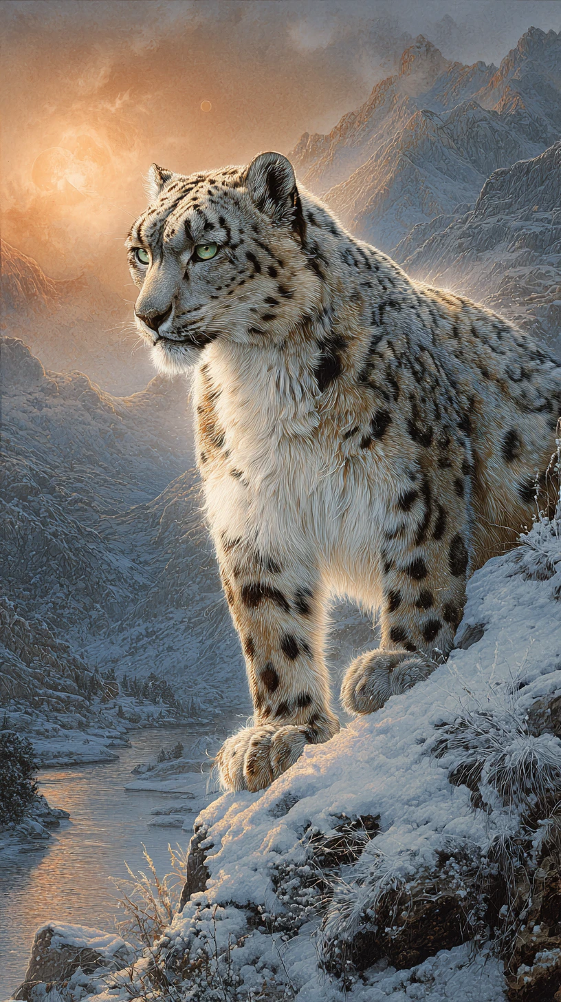 Leopardo-das-neves em penhasco suíço nevado sob a lua da colheita nascente