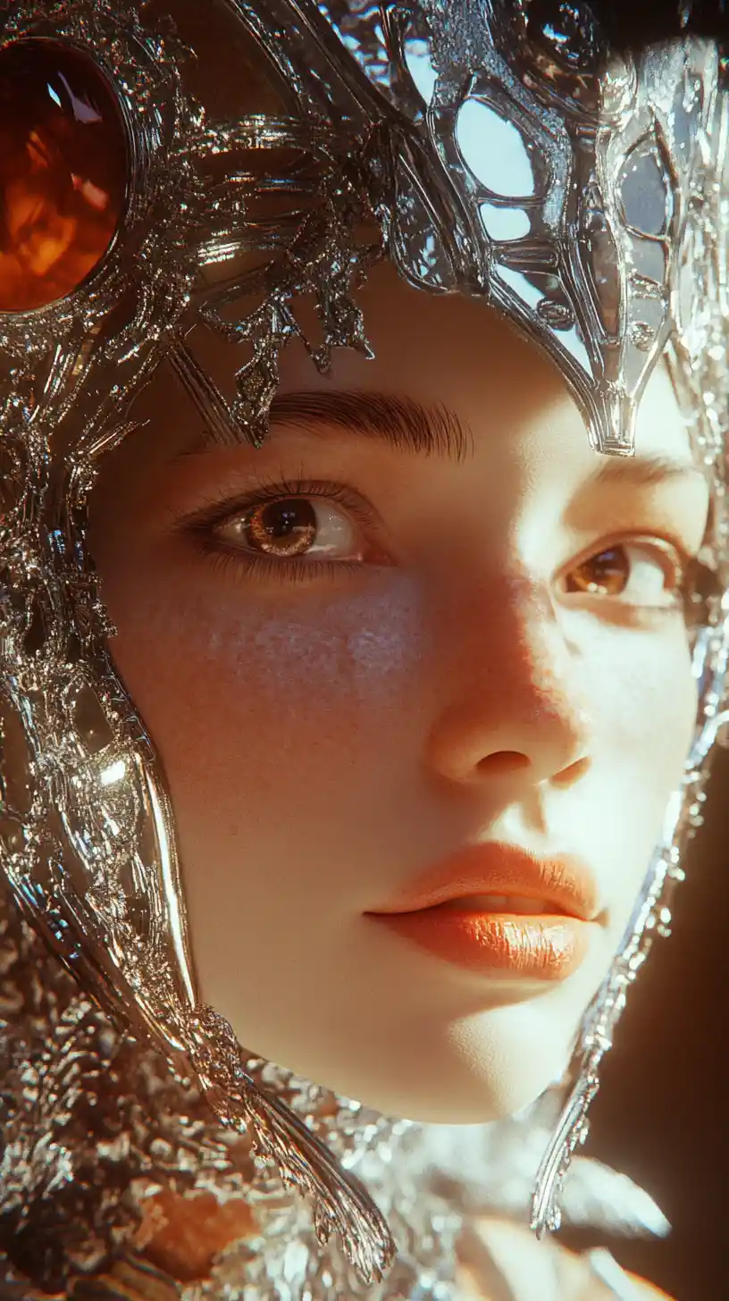 Close up portrait of an ethereal sci fi woman queen