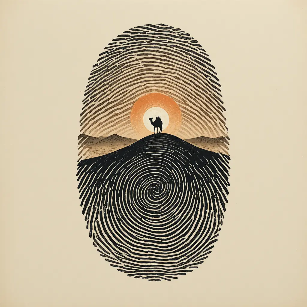 Camel silhouette in a desert world shaped like a fingerprint