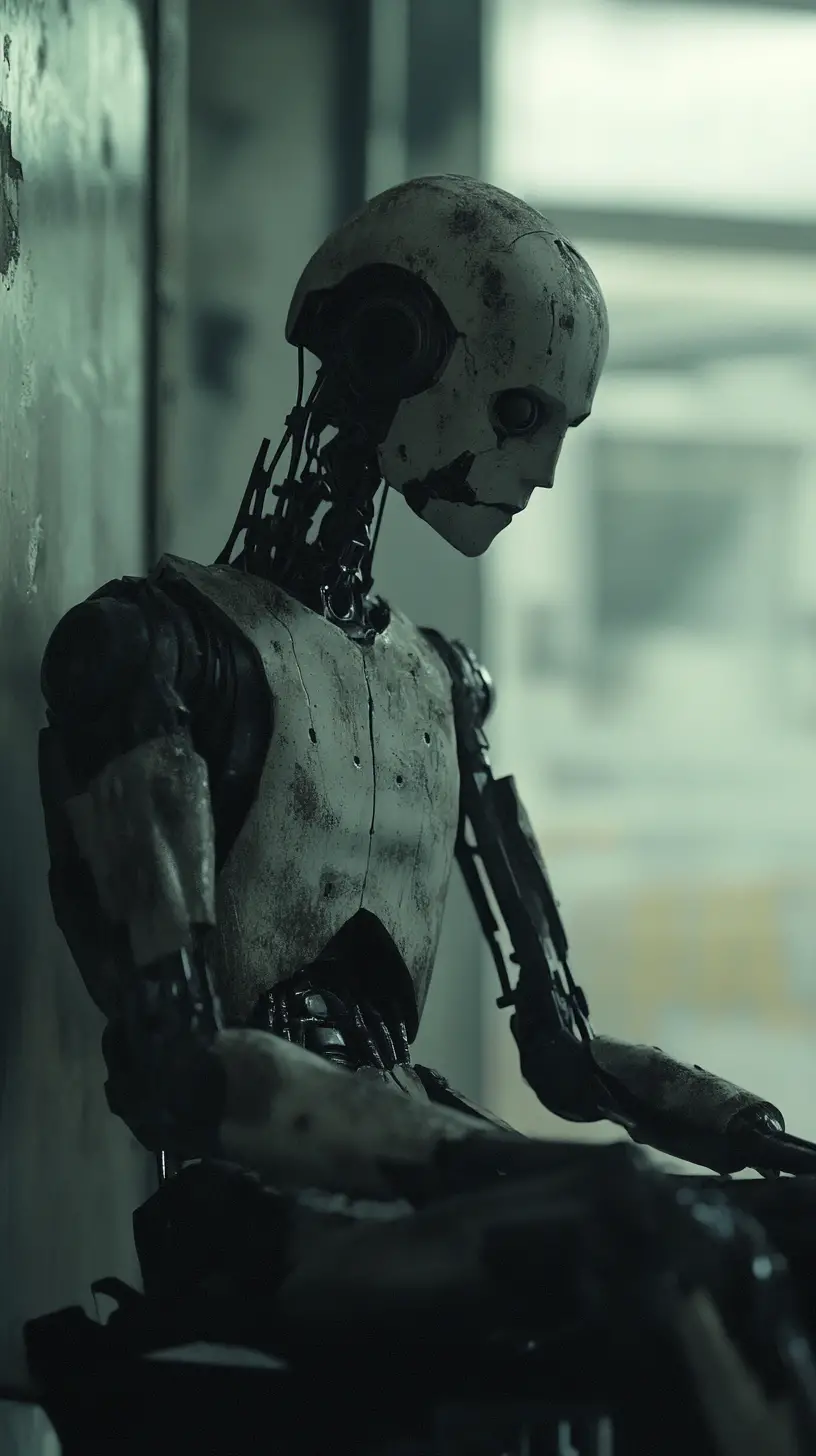 Melancholic Robot In Front Of Industrial Window To Space