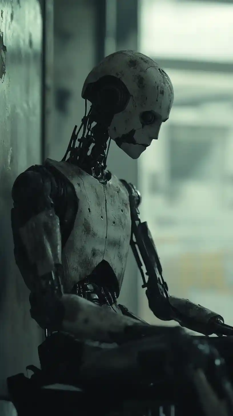 Robot malinconico davanti a una finestra industriale aperta sullo spazio