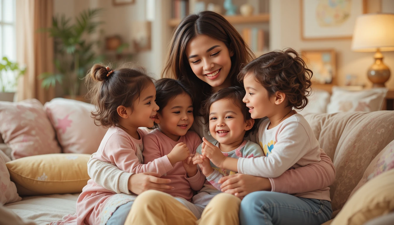 Madre che coccola i figli in un caldo soggiorno di famiglia