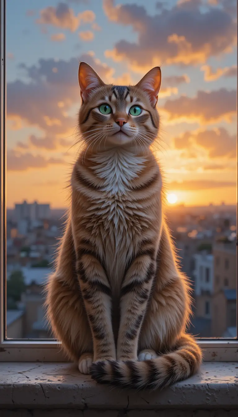 Cat on a windowsill watching a glowing sunset sky