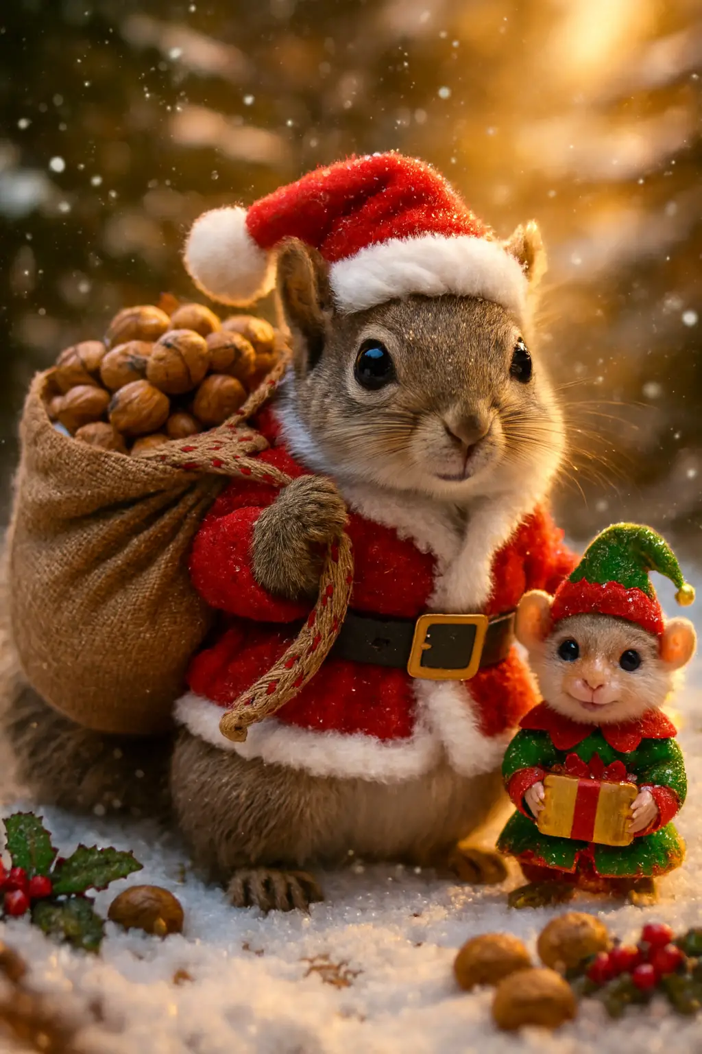 Cheerful Santa Squirrel In A Snowy Winter Forest Scene