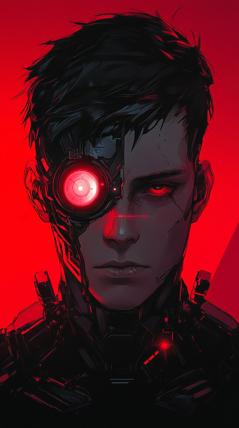 Ritratto di cyborg cupo con occhi cibernetici rossi e luminosi