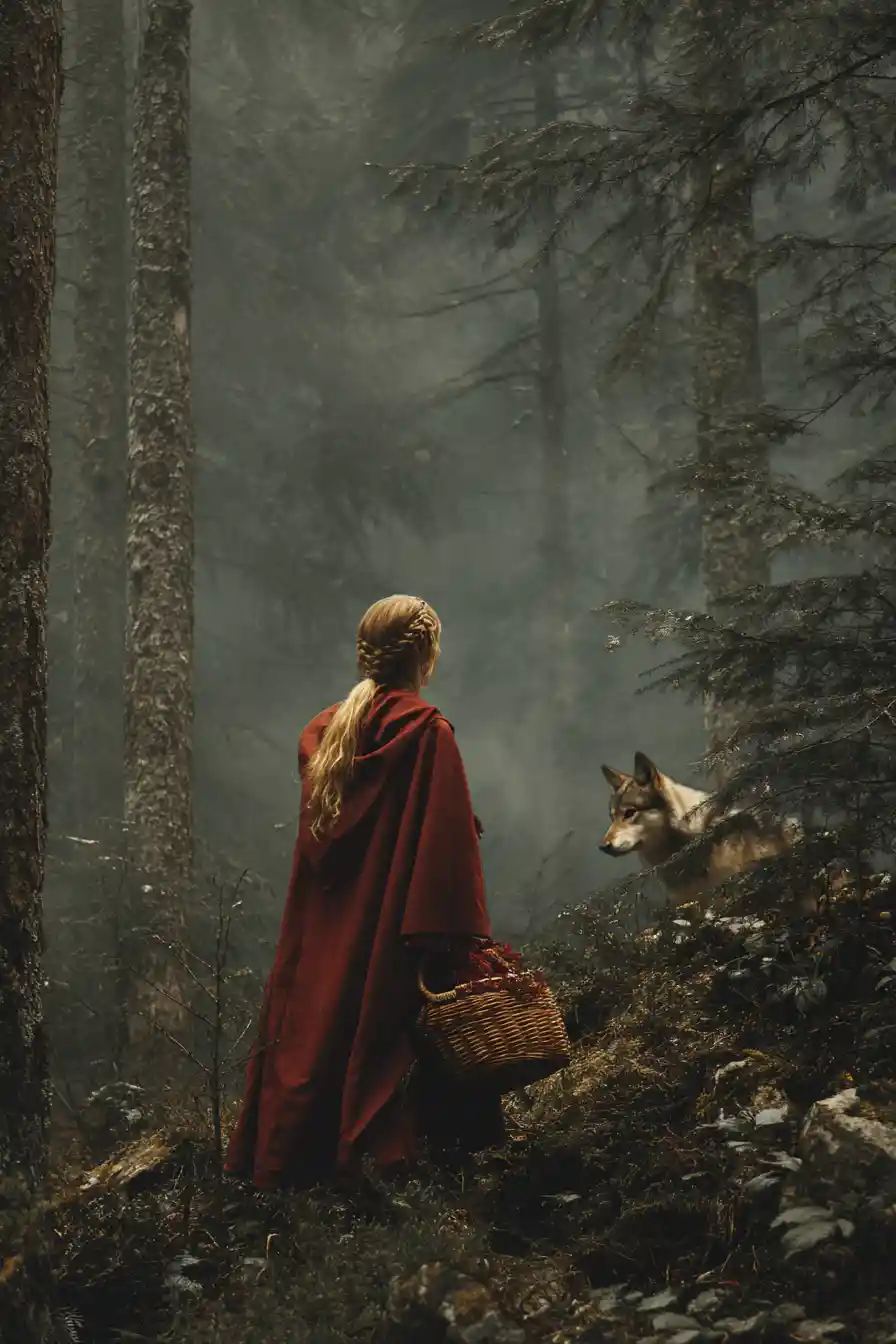 Girl In Red Cloak Walking Through Misty Forest Path
