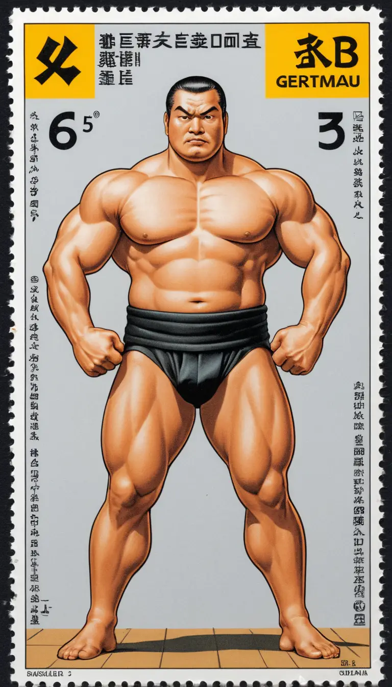 Satirical German stamp with rear view sumo wrestler