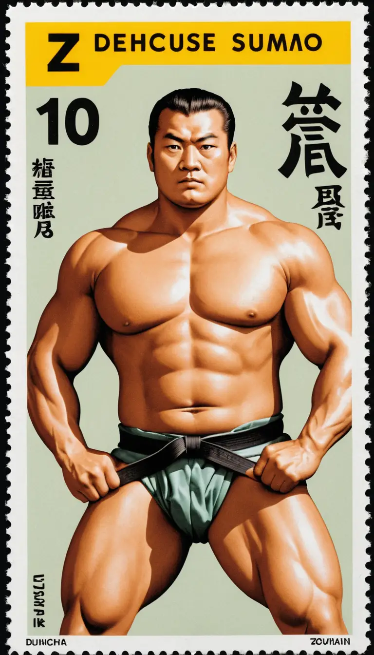 Satirical German stamp with sumo wrestler and bold insult text